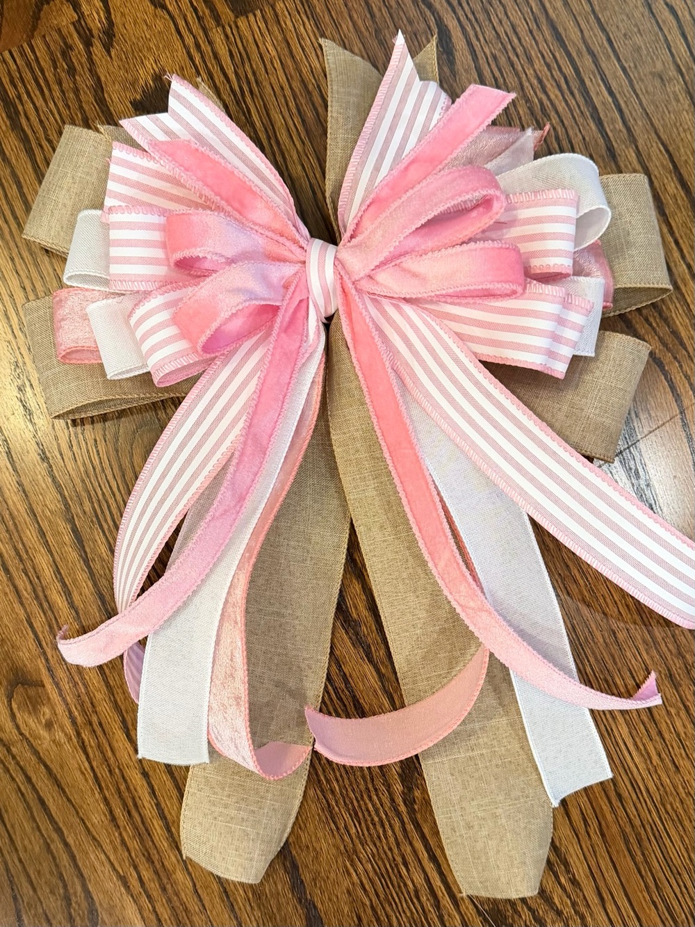 Pink & Natural Layered Ribbon Bow Wreath Accent